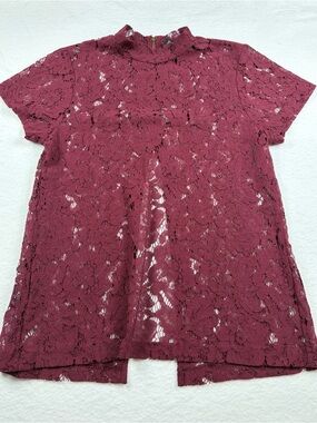Women's Short-Sleeve Floral Lace Mock Neck Top - Burgundy